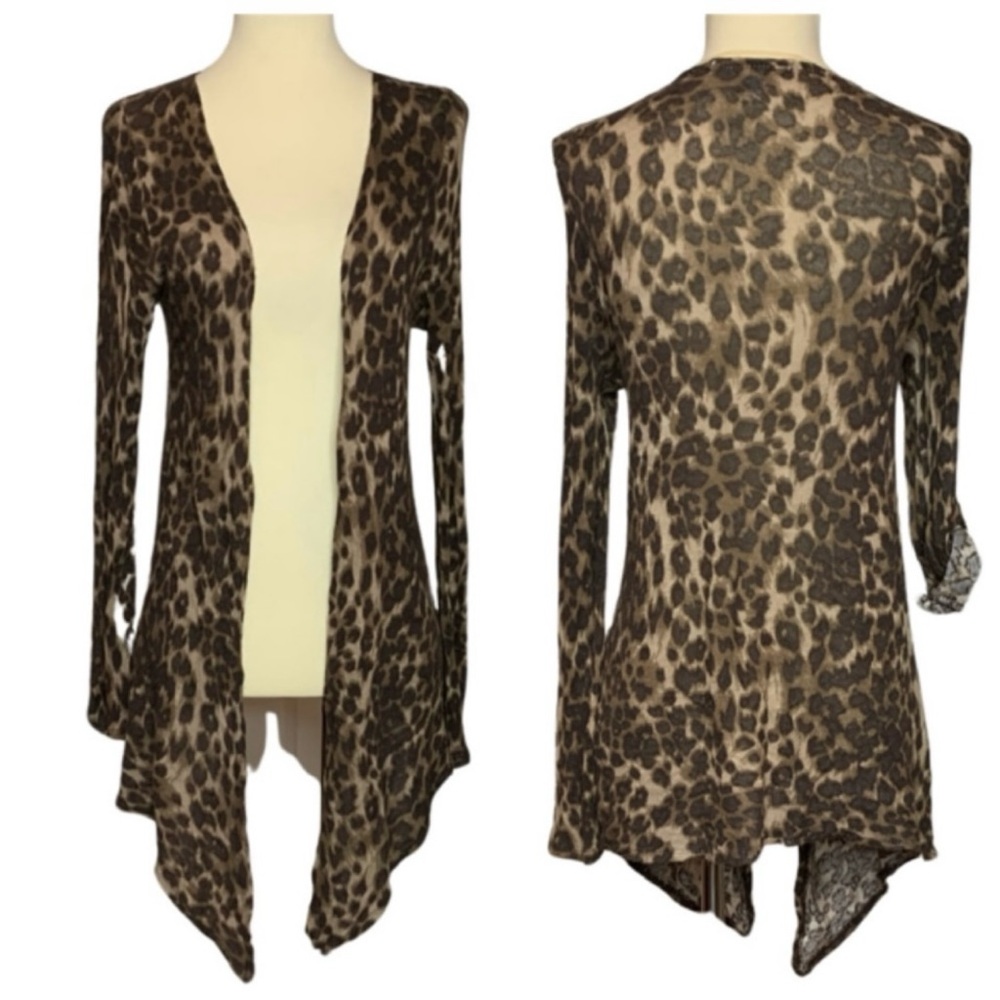 French Laundry roll tab sleeve cardigan duster leopard jaguar print, S - Picture 3 of 7